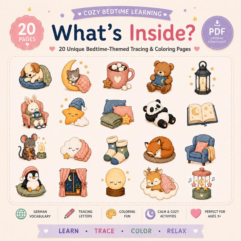 K&ouml;nnte beinhalten: Ein digitaler Download mit 20 Seiten zum Nachzeichnen und Ausmalen rund um das Thema Schlafenszeit. Das Blatt zeigt Illustrationen von Tieren, Sternen, Monden und gem&uuml;tlichen Gegenst&auml;nden in einer sanften Farbpalette aus Pastellt&ouml;nen.