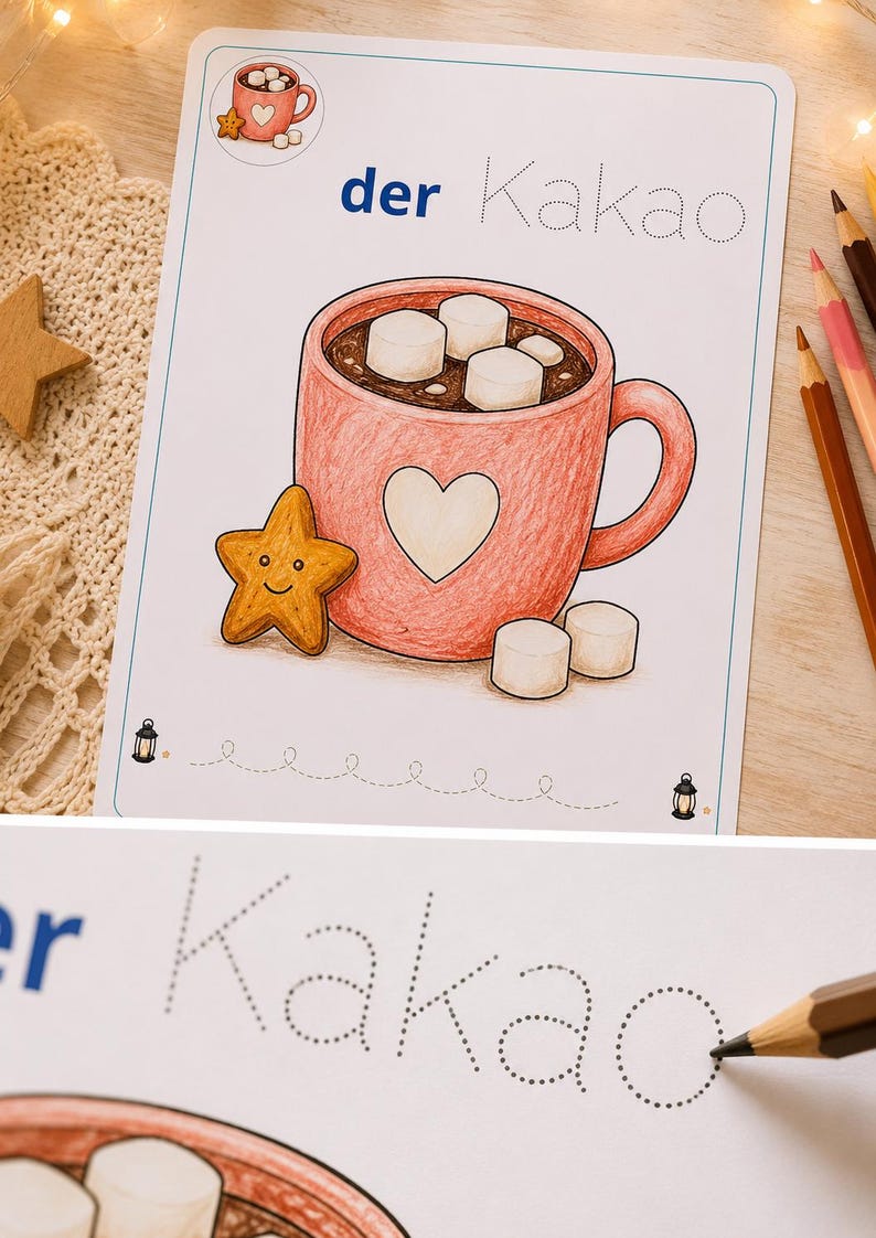 K&ouml;nnte beinhalten: Ein wei&szlig;es Lernblatt mit einer farbigen Illustration einer rosa Tasse gef&uuml;llt mit Kakao und Marshmallows, einem l&auml;chelnden sternf&ouml;rmigen Keks und dem Text der Kakao mit gepunkteten Linien zum Nachspuren.