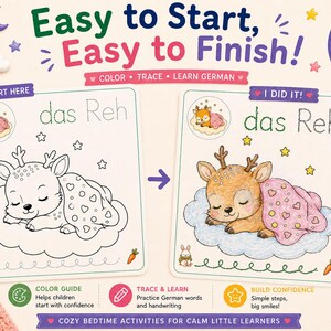K&ouml;nnte beinhalten: Ein digitales Lernarbeitsblatt f&uuml;r Kinder mit dem Text Easy to Start, Easy to Finish, Color, Trace, Learn German und das Reh. Das Blatt zeigt eine Strichzeichnung eines schlafenden Rehkitzes auf einer Wolke neben einer ausgemalten Version.
