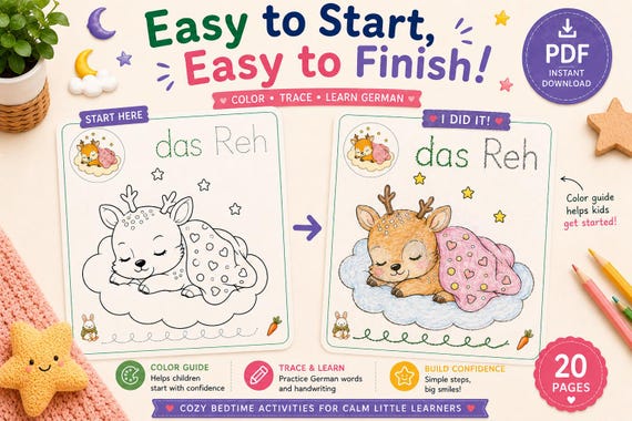 Easy to Start, Easy to Finish | 20 Gemütliche Ausmalseiten für Kinder mit deutschen Nachspurwörtern