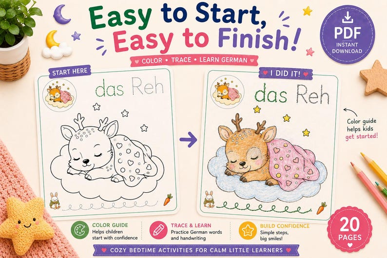 K&ouml;nnte beinhalten: Ein digitales Lernarbeitsblatt f&uuml;r Kinder mit dem Text Easy to Start, Easy to Finish, Color, Trace, Learn German und das Reh. Das Blatt zeigt eine Strichzeichnung eines schlafenden Rehkitzes auf einer Wolke neben einer ausgemalten Version.