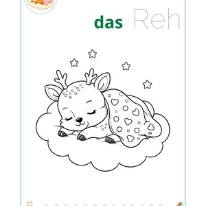 K&ouml;nnte beinhalten: Ein Ausmalbild mit einem schlafenden Reh auf einer Wolke, einer Decke mit Herzmuster, Sternen und dem Text das Reh. Oben links ist ein kleines farbiges Reh abgebildet, unten befindet sich eine gepunktete Linie mit einem Hasen und einer Karotte.