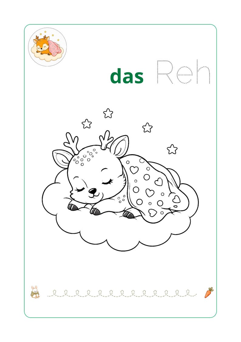 K&ouml;nnte beinhalten: Ein Ausmalbild mit einem schlafenden Reh auf einer Wolke, einer Decke mit Herzmuster, Sternen und dem Text das Reh. Oben links ist ein kleines farbiges Reh abgebildet, unten befindet sich eine gepunktete Linie mit einem Hasen und einer Karotte.