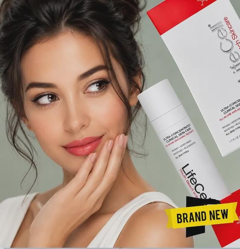 May include: A woman touches her face next to a white skincare product bottle and box. The bottle and box have the text "LifeCell" and "Ultra-Concentrated Clinical Skin Care". A yellow banner with "BRAND NEW" is visible.