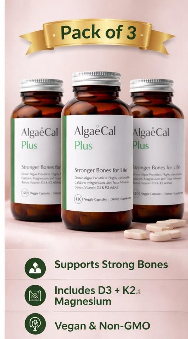May include: Three brown supplement bottles with white labels, silver lids, and the text "AlgaeCal Plus." The bottles are labeled "Stronger Bones for Life" and "120 Veggie Capsules." The image also includes the text "Pack of 3," "Supports Strong Bones," and "Vegan & Non-GMO."