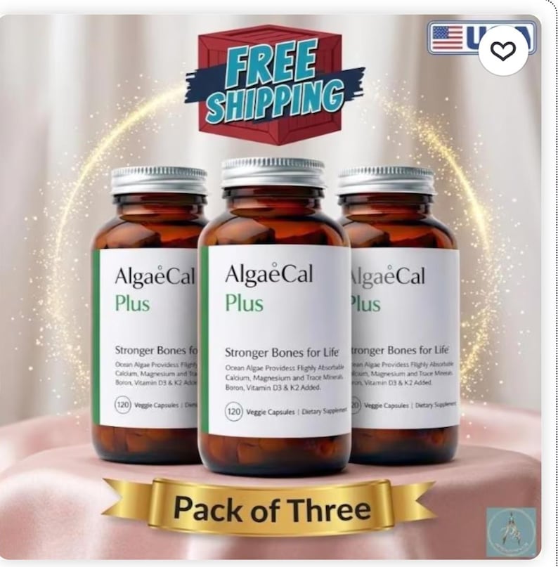 May include: Three brown glass bottles of AlgaeCal Plus supplements with white labels and green accents. The bottles are labeled "Stronger Bones for Life." A banner reads "Pack of Three." A "Free Shipping" graphic is in the background.