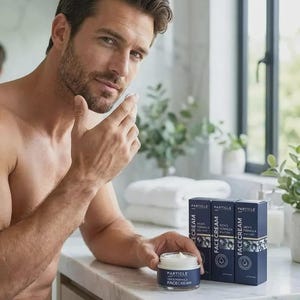 Pu&ograve; includere: Un uomo applica una crema per il viso da un barattolo con l'etichetta "Particle Facecream". Il prodotto &egrave; in un barattolo trasparente con un'etichetta blu scuro. Sono visibili due scatole dello stesso prodotto. L'uomo &egrave; in un bagno.
