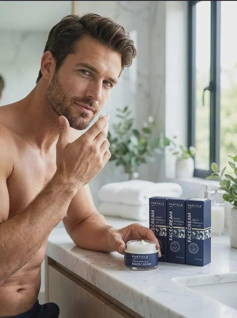 Pu&ograve; includere: Un uomo applica una crema per il viso da un barattolo con l'etichetta "Particle Facecream". Il prodotto &egrave; in un barattolo trasparente con un'etichetta blu scuro. Sono visibili due scatole dello stesso prodotto. L'uomo &egrave; in un bagno.
