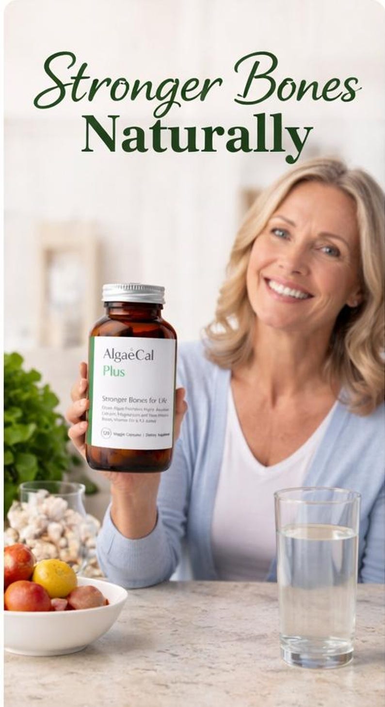May include: A woman smiles while holding a bottle of AlgaeCal Plus. The bottle is brown with a white label and silver lid. The text "Stronger Bones Naturally" is at the top of the image. A glass of water and a bowl of fruit are also on the table.