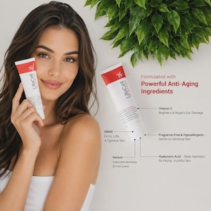May include: A woman holding two white and red LifeCell anti-aging cream tubes. The text on the tubes reads "LifeCell". The image also includes text that says "Formulated with Powerful Anti-Aging Ingredients".