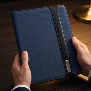 May include: A navy blue textured folio case featuring a vertical black leather strap across the front. The strap includes a polished silver metal accent at the bottom edge. The case has a structured rectangular shape with rounded corners.