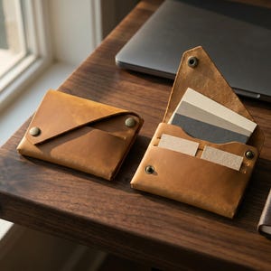 Small Leather Card Holder, Snap Button Wallet, Leather Envelope Card Wallet, Compact Card Holder, Slim Pocket Wallet For Cards And Cash