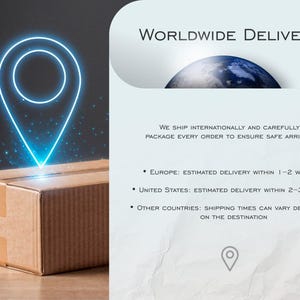Op de afbeelding: Een bruine kartonnen verzenddoos met tape, verlicht door een gloeiende blauwe locatie-pin-afbeelding. De afbeelding bevat de tekst "WORLDWIDE DELIVERY" en informatie over internationale verzending en geschatte levertijden.