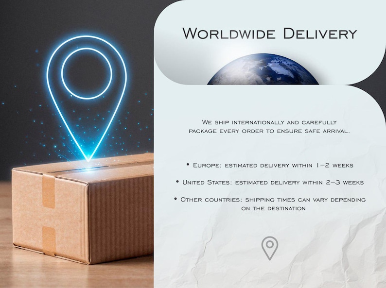 Op de afbeelding: Een bruine kartonnen verzenddoos met tape, verlicht door een gloeiende blauwe locatie-pin-afbeelding. De afbeelding bevat de tekst "WORLDWIDE DELIVERY" en informatie over internationale verzending en geschatte levertijden.