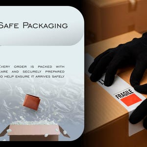 Op de afbeelding: Afbeelding van veilige verpakking. Tekst luidt: "SAFE PACKAGING" en "EVERY ORDER IS PACKED WITH CARE AND SECURELY PREPARED TO HELP ENSURE IT ARRIVES SAFELY." Een kartonnen doos wordt verzegeld met "FRAGILE" tape.