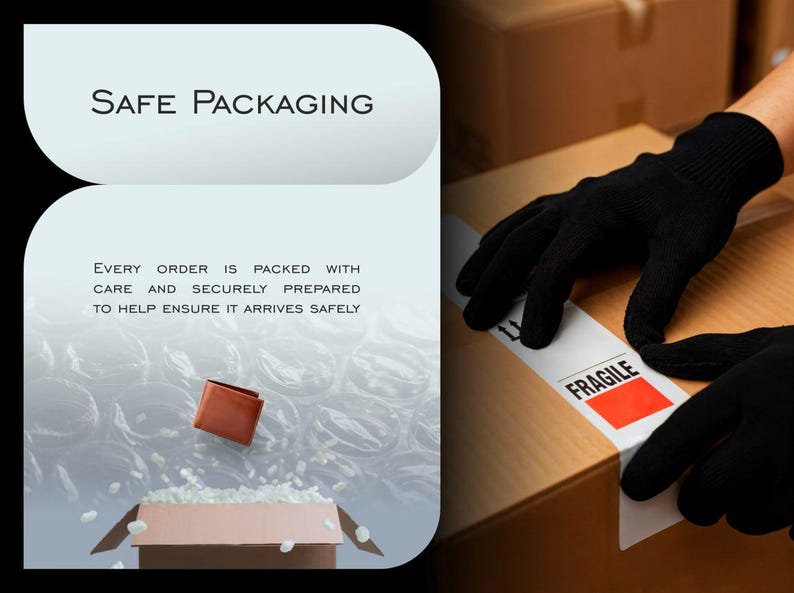 Op de afbeelding: Afbeelding van veilige verpakking. Tekst luidt: "SAFE PACKAGING" en "EVERY ORDER IS PACKED WITH CARE AND SECURELY PREPARED TO HELP ENSURE IT ARRIVES SAFELY." Een kartonnen doos wordt verzegeld met "FRAGILE" tape.