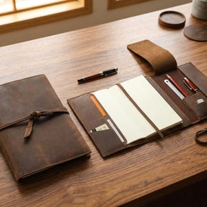 May include: A dark brown leather notebook cover with a wrap-around tie closure. The open cover displays a cream-colored notebook, an orange card slot, a metal ruler, a red pen, a black pen, and a small white eraser tucked into interior pockets.