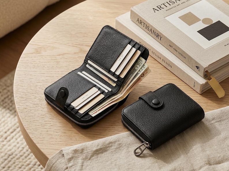 Small Sign Fasteners R Clips 100% Genuine Leather Bifold Wallet, Compact Zip Around Card Holder ...