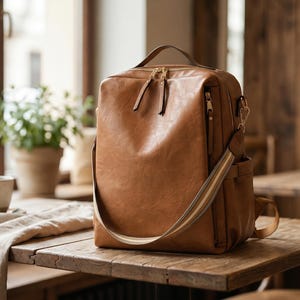Puede incluir: Una mochila de cuero marrón con asa superior y correas ajustables para los hombros. La bolsa tiene forma rectangular con un bolsillo frontal con cremallera y herrajes dorados. La bolsa está sobre una mesa de madera.