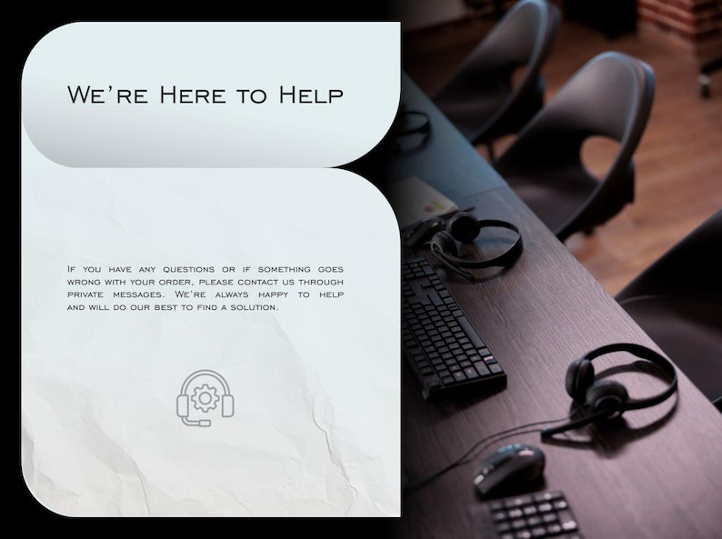 Op de afbeelding: Afbeelding toont de tekst "WE'RE HERE TO HELP" op een lichtblauwe achtergrond. Een bureau met toetsenbord, muis en koptelefoon is ook zichtbaar. De tekst adviseert contact op te nemen via priv&eacute;berichten voor vragen.