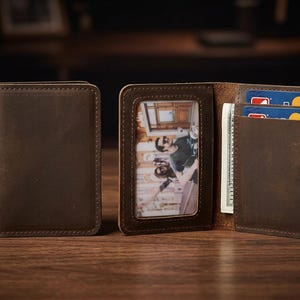 Compact Card Wallet, Photo Window Wallet, Leather Bifold Wallet, Small Cash Wallet, Slim Pocket Bifold Wallet, Card Holder For Daily Carry