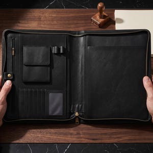 May include: A black leather zippered portfolio case featuring an interior organizer with a vertical zippered pocket, a flap pocket, two pen loops, multiple card slots, a clear identification window, and a large document sleeve on the right side.