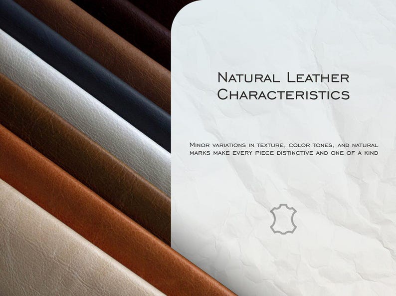Op de afbeelding: Afbeelding met verschillende stalen van natuurlijk leer in bruin, beige, wit en zwart. De tekst luidt "Natuurlijke leereigenschappen" en beschrijft de unieke variaties in textuur en kleur.