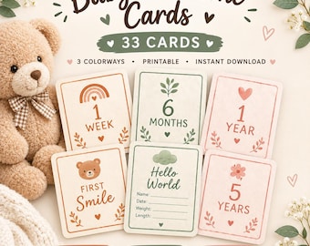 Baby Milestone Cards Printable, 33 Monthly Milestone Cards, Baby Shower Gift, Newborn Photo Props, Instant Download PDF, 3 Colorways