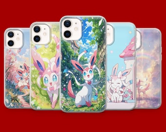 Sylveon Telefonskal Eeveelutions Pokemon Rosa Fodral för iPhone 17Pro, 16, 15, 14, 13, 12 Samsung S26, S25, S24, S23Fe, A16, A56, Pixel 10