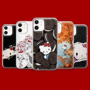 May include: A collection of five phone cases with various designs. The cases feature images of Hello Kitty, a girl with Hello Kitty accessories, and other colorful illustrations. The cases are displayed against a red background.