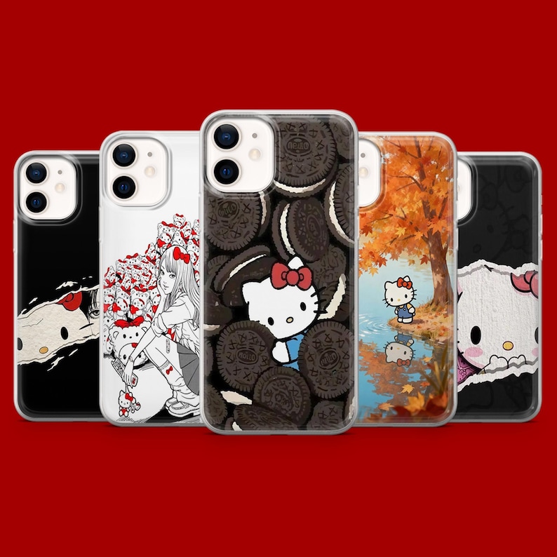 May include: A collection of five phone cases with various designs. The cases feature images of Hello Kitty, a girl with Hello Kitty accessories, and other colorful illustrations. The cases are displayed against a red background.