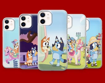 Blått Heeler-telefonskal med blå tecknad hund, sött fodral för iPhone 17Pro, 16, 15, 14, 13, 12 Samsung S26, S25, S24, S23Fe, A16, A56, Pixel 10