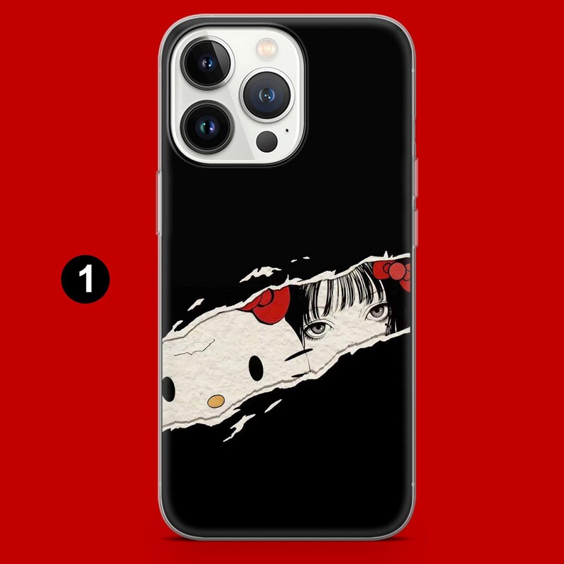 May include: Black phone case featuring a torn paper design revealing a cartoon character and a pair of eyes. The cartoon character has a red bow and the eyes are green. The phone case has a black background.