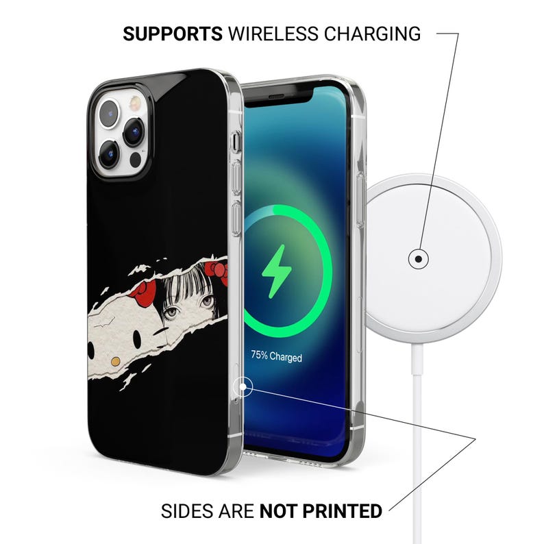 May include: Black phone case with a graphic of a manga-style character peeking through a torn paper effect. The phone screen shows a charging symbol. The text reads: "SUPPORTS WIRELESS CHARGING" and "SIDES ARE NOT PRINTED".