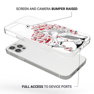 May include: Clear phone case with a graphic design featuring a manga-style illustration of a person surrounded by red and white cartoon characters. The case has raised edges for screen and camera protection, and full access to device ports.