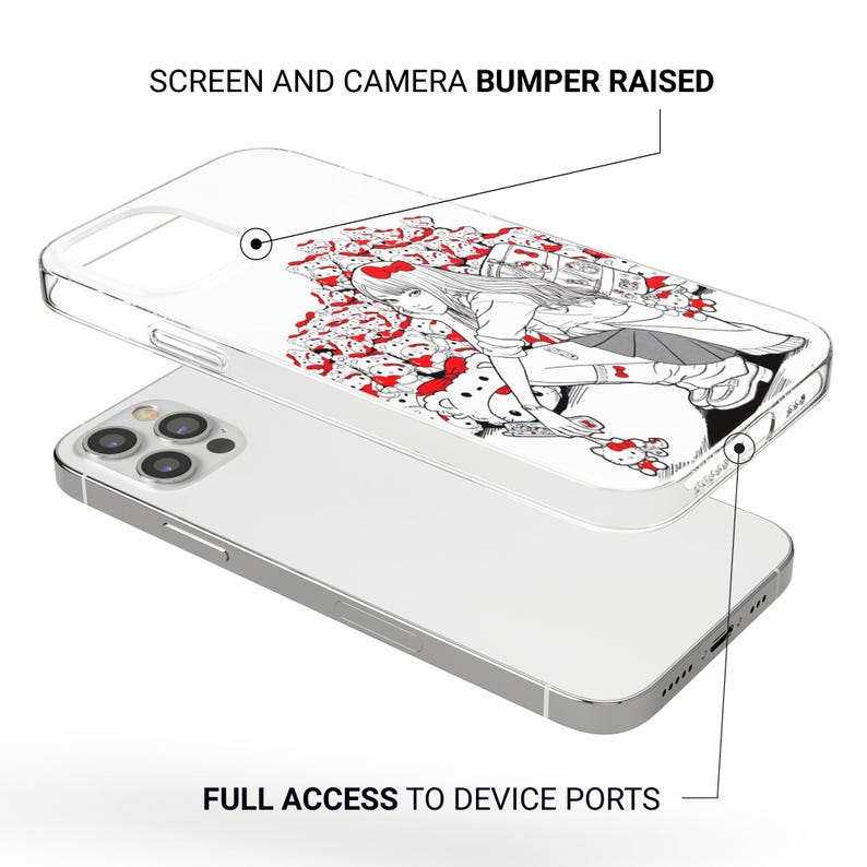 May include: Clear phone case with a graphic design featuring a manga-style illustration of a person surrounded by red and white cartoon characters. The case has raised edges for screen and camera protection, and full access to device ports.