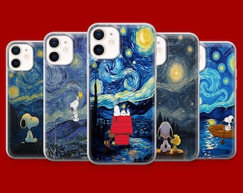 Funda para teléfono Snoopy Starry Night con diseño de Peanuts para iPhone 17Pro, 16, 15, 14, 13, 12, Samsung S26, S25, S24, S23Fe, A16, A56, Pixel 10, 9Pro