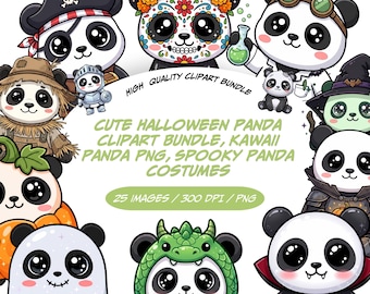 Méga lot de cliparts d'Halloween, panda kawaii mignon, png pour créations créatives et costumes de saison effrayante, dessins d'Halloween