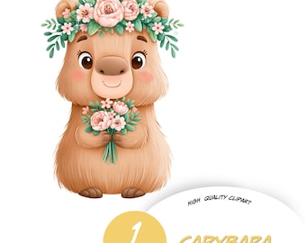 Bundle de cliparts Capybara floral mignon, aquarelle Capybara PNG, Clipart animaux des bois Boho, chambre d'enfant animal PNG, couronne de fleurs Capybara