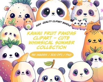 Bundle de cliparts Kawaii fruits Panda, mignon panda d'été PNG Collection, fruits animaux lunatiques, Clipart Kawaii pastel