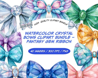 Bundle de Clipart noeuds en cristal aquarelle, PNG de ruban de gemme fantaisie, Collection de noeuds de bijou étincelant, accessoires princesse magique