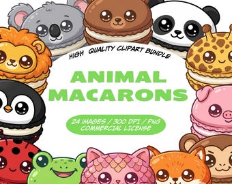 Ensemble de 24 images clipart de macarons animaux kawaii (PNG), desserts animaux, macarons panda, renard et ours, douceurs kawaii, usage commercial.