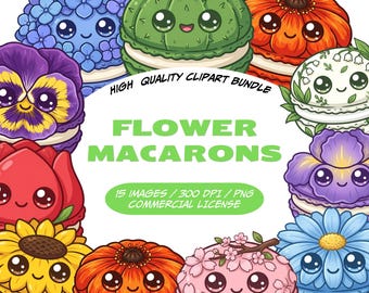 Lot de 15 images clipart de macarons fleuris, 15 macarons kawaii mignons au format PNG, macarons floraux, clipart de fleurs printanières, images clipart de desserts mignons au format PNG, usage commercial.