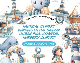 Bundle de cliparts nautiques, petit marin océan PNG, clipart tortue phare baleine, ensemble de graphiques de pépinière côtière