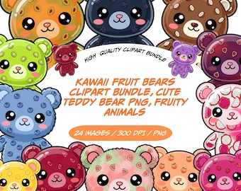 Kawaii Clipart Mega Bundle, Fruity Teddy Bears PNG for Crafting & Design, Cute Whimsical Graphic Resources