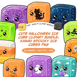 May include: A digital collection of Halloween-themed ice cube illustrations featuring various colors and kawaii faces. The set includes cubes with spider webs, a black cat, stars, a witch hat, candy corn, a pumpkin, a ghost, and a potion bottle.