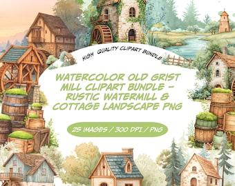 Bundle de cliparts aquarelle vieux moulin à farine, moulin à eau rustique PNG Collection, paysages de village Cottagecore, graphiques de moulin de campagne vintage