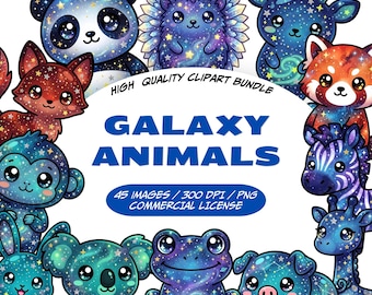 Ensemble d'images clipart d'animaux galactiques, animaux kawaii mignons (PNG), 45 images clipart d'animaux cosmiques, animaux de la forêt galactique, animaux célestes étoilés (PNG)