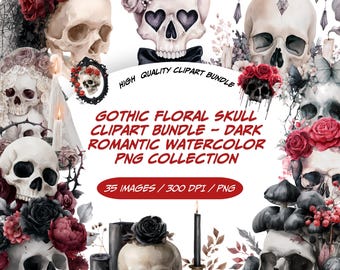 Bundle de cliparts floral gothique, aquarelle romantique sombre PNG Collection, roses gothiques, graphiques tête de mort victorienne, Art gothique Halloween