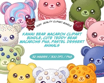 Méga lot de cliparts kawaii, macaron d'ours mignon PNG, adorables desserts en peluche pour des projets créatifs
